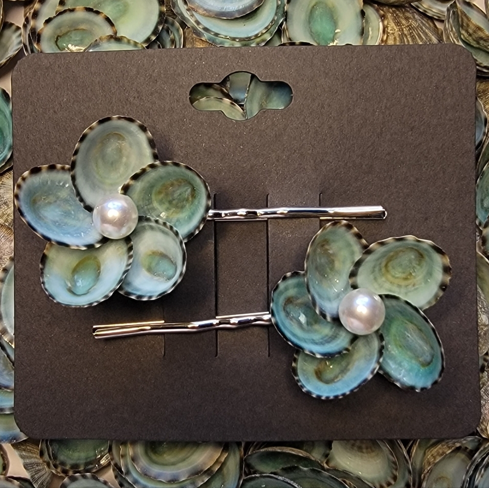 Mexican Aqua Limpet Shells & Swarovski Pearls Hair Pin Set